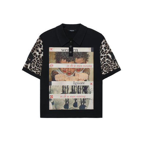 Leopard Print Sleeve Polo Shirt, Versatile Black Short Sleeve Top