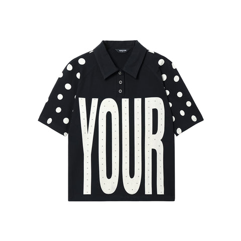Black Rhinestone Polo Shirt with Letter Print, Versatile Short Sleeve Top