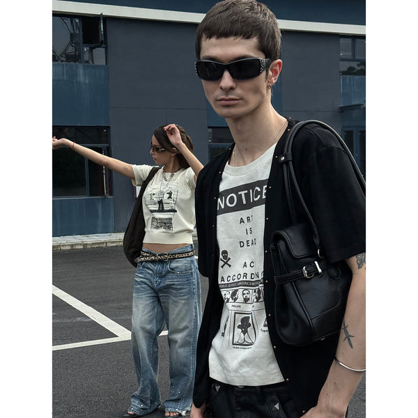 TZKILLER Black White Patchwork V Neck Graphic Tee Streetwear
