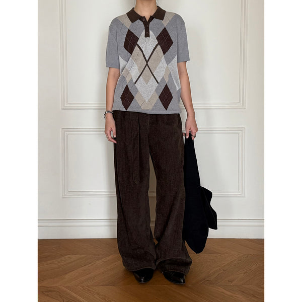 Wool Blend Knit Polo, Contrast Collar Plaid Jacquard Short Sleeve Tee