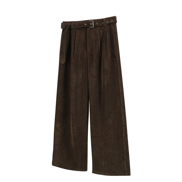Pleated Brown Loose Ribbon Trousers