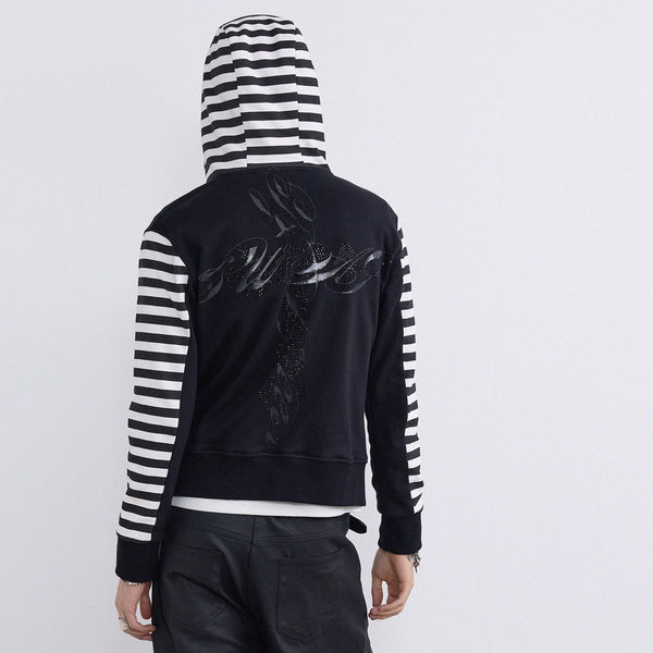 TZ killer Black White Striped Hooded Jacket, Long Sleeve Casual Unisex Sweatshirt