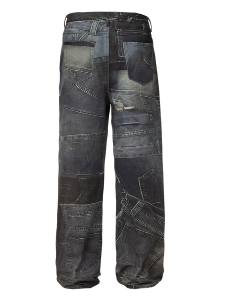 3D Deconstructed Denim Printed Straight Pants