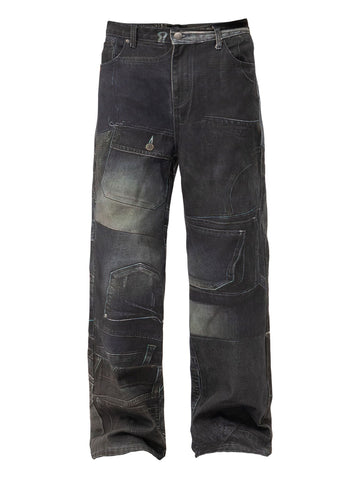 3D Deconstructed Denim Printed Straight Pants