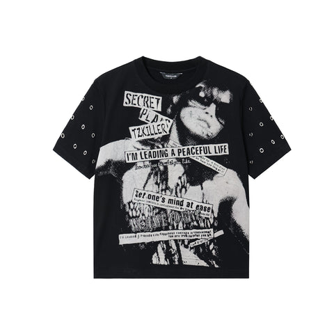 TZKILLER Oversized Rock Band Tee Vintage Portrait Rivet Sleeve Streetwear