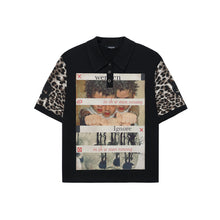 Lade das Bild in den Galerie-Viewer, Leopard Print Sleeve Polo Shirt, Versatile Black Short Sleeve Top
