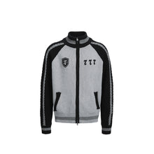 Load image into Gallery viewer, "Fog green and gray" contrast badge stand-up collar sweater jacket
