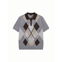 Load image into Gallery viewer, Wool Blend Knit Polo, Contrast Collar Plaid Jacquard Short Sleeve Tee
