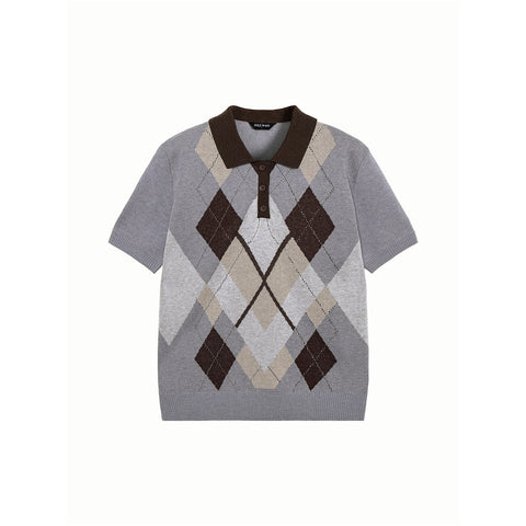 Wool Blend Knit Polo, Contrast Collar Plaid Jacquard Short Sleeve Tee