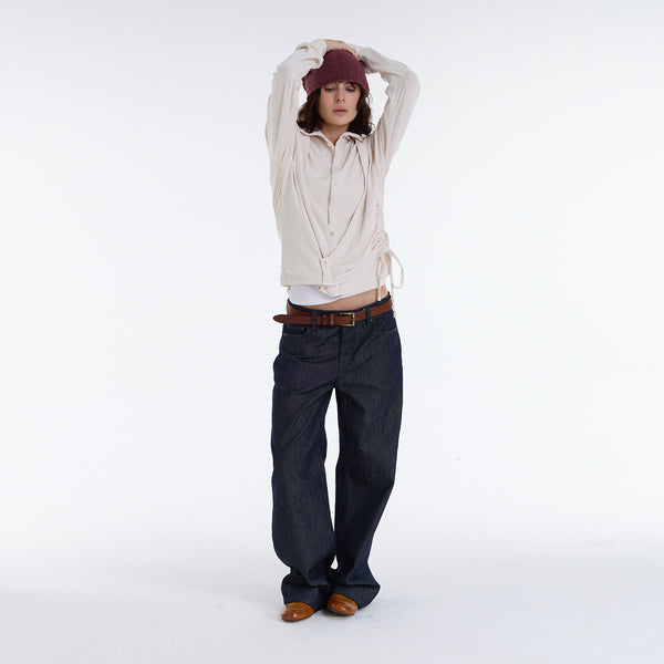 Ruched Stand Collar Long Sleeve Knit Top, 2 Colors Available Unisex Slim Fit Knit Shirt