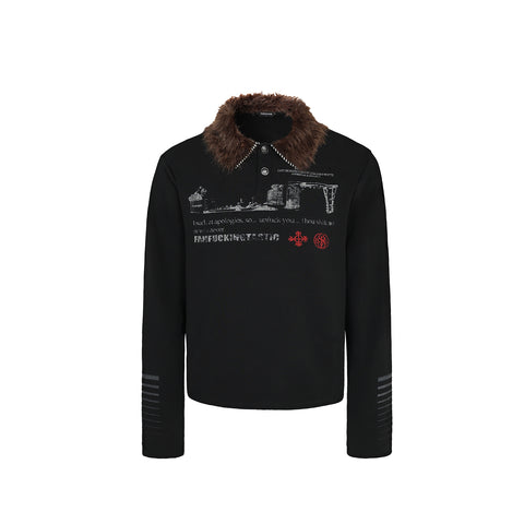 DetDetachable fur collar • Black vintage long sleeve