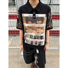 Lade das Bild in den Galerie-Viewer, Leopard Print Sleeve Polo Shirt, Versatile Black Short Sleeve Top
