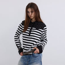 Cargar imagen en el visor de la galería, TZ KILLER Striped Rhinestone Polo Shirt, Embroidered Long Sleeve Layering Top, Unisex Streetwear

