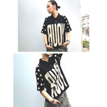 Lade das Bild in den Galerie-Viewer, Black Rhinestone Polo Shirt with Letter Print, Versatile Short Sleeve Top
