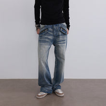 Cargar imagen en el visor de la galería, TZ KILLER Straight Bootcut Jeans, Light Blue Wash Distressed Whiskered Denim Pants, Unisex Streetwear
