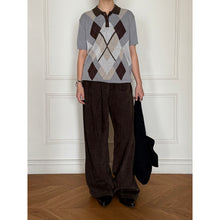 Load image into Gallery viewer, Wool Blend Knit Polo, Contrast Collar Plaid Jacquard Short Sleeve Tee
