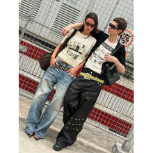 Load image into Gallery viewer, TZKILLER Black White Patchwork V Neck Graphic Tee Streetwear
