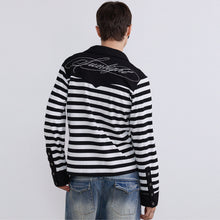 Cargar imagen en el visor de la galería, TZ KILLER Striped Rhinestone Polo Shirt, Embroidered Long Sleeve Layering Top, Unisex Streetwear
