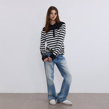 Cargar imagen en el visor de la galería, TZ KILLER Striped Rhinestone Polo Shirt, Embroidered Long Sleeve Layering Top, Unisex Streetwear
