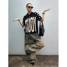 Lade das Bild in den Galerie-Viewer, Black Rhinestone Polo Shirt with Letter Print, Versatile Short Sleeve Top
