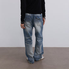 Cargar imagen en el visor de la galería, TZ KILLER Straight Bootcut Jeans, Light Blue Wash Distressed Whiskered Denim Pants, Unisex Streetwear
