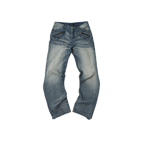TZ KILLER Straight Bootcut Jeans, Light Blue Wash Distressed Whiskered Denim Pants, Unisex Streetwear