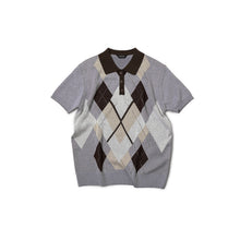 Load image into Gallery viewer, Wool Blend Knit Polo, Contrast Collar Plaid Jacquard Short Sleeve Tee
