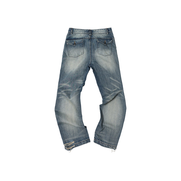 TZ KILLER Straight Bootcut Jeans, Light Blue Wash Distressed Whiskered Denim Pants, Unisex Streetwear
