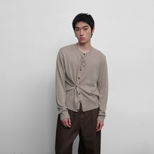 Load image into Gallery viewer, Ribbon knitted wool sweater with misplaced buttons and pleats
