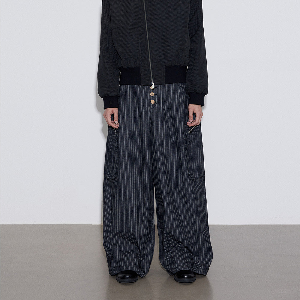 Striped jeans, loose silhouette, button-down work trousers