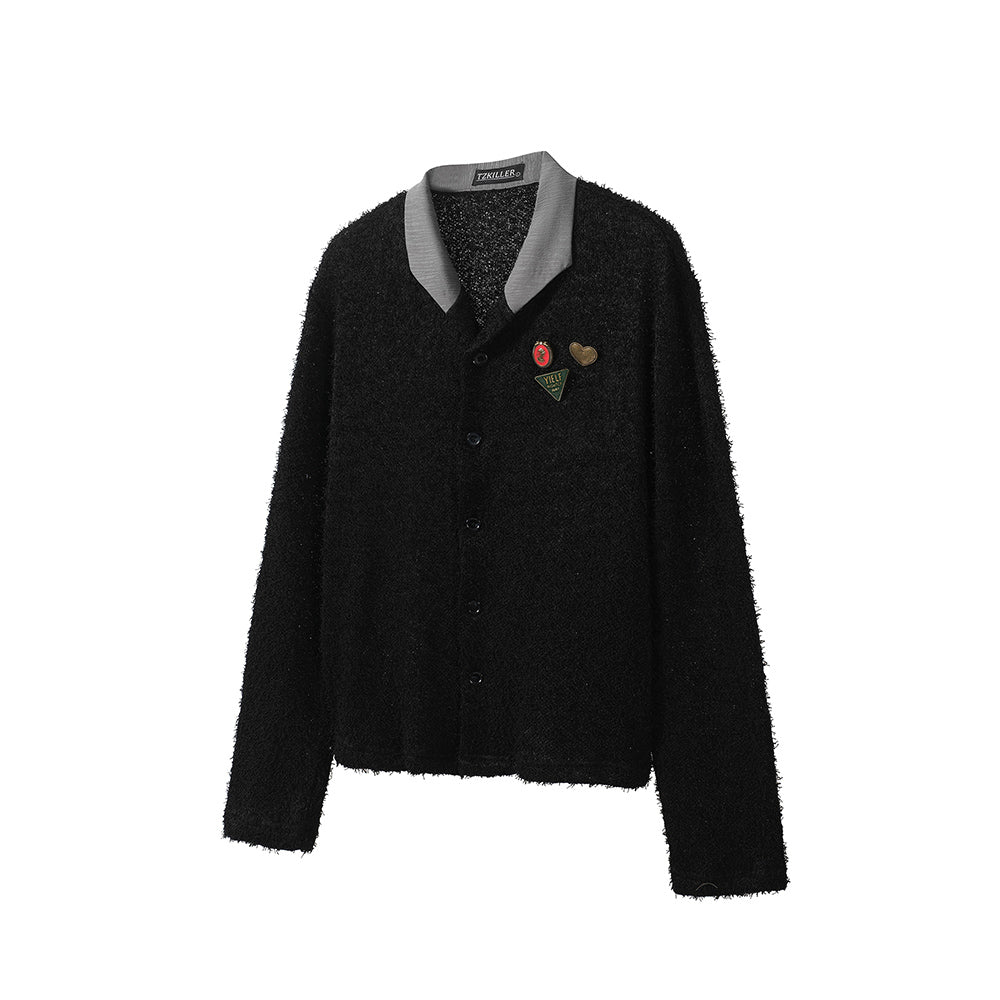 Mao Su V-neck badge shirt with patchwork collar and long sleeves