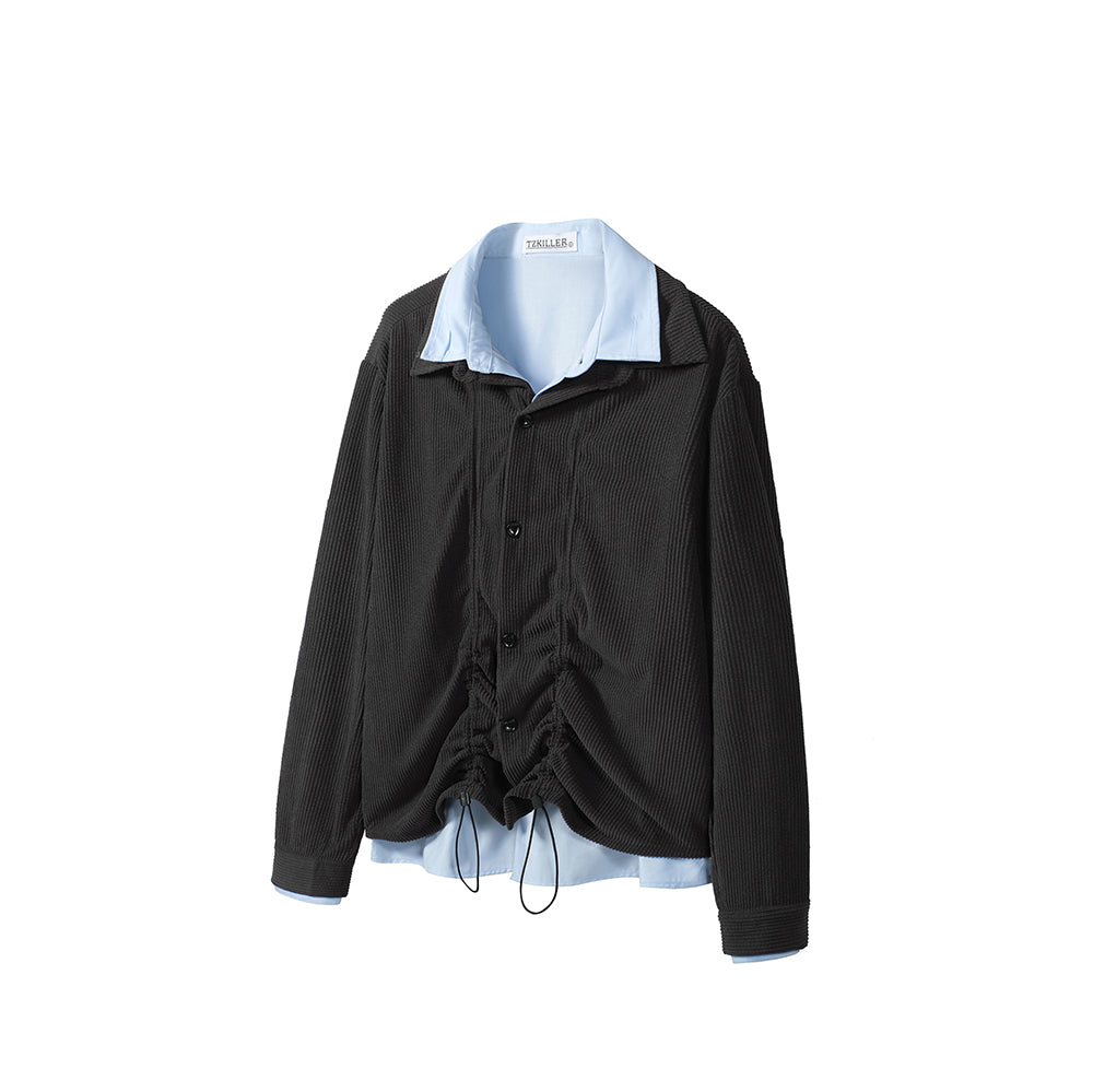 Layered Drawstring Shirt, Color Block, Loose-Fit Two-Color Top