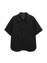 Load image into Gallery viewer, Raw edge collar faux denim print shirt short sleeves
