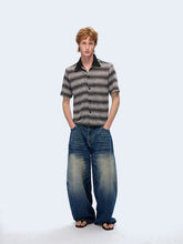 Lade das Bild in den Galerie-Viewer, Striped patchwork contrast collar short sleeve shirt
