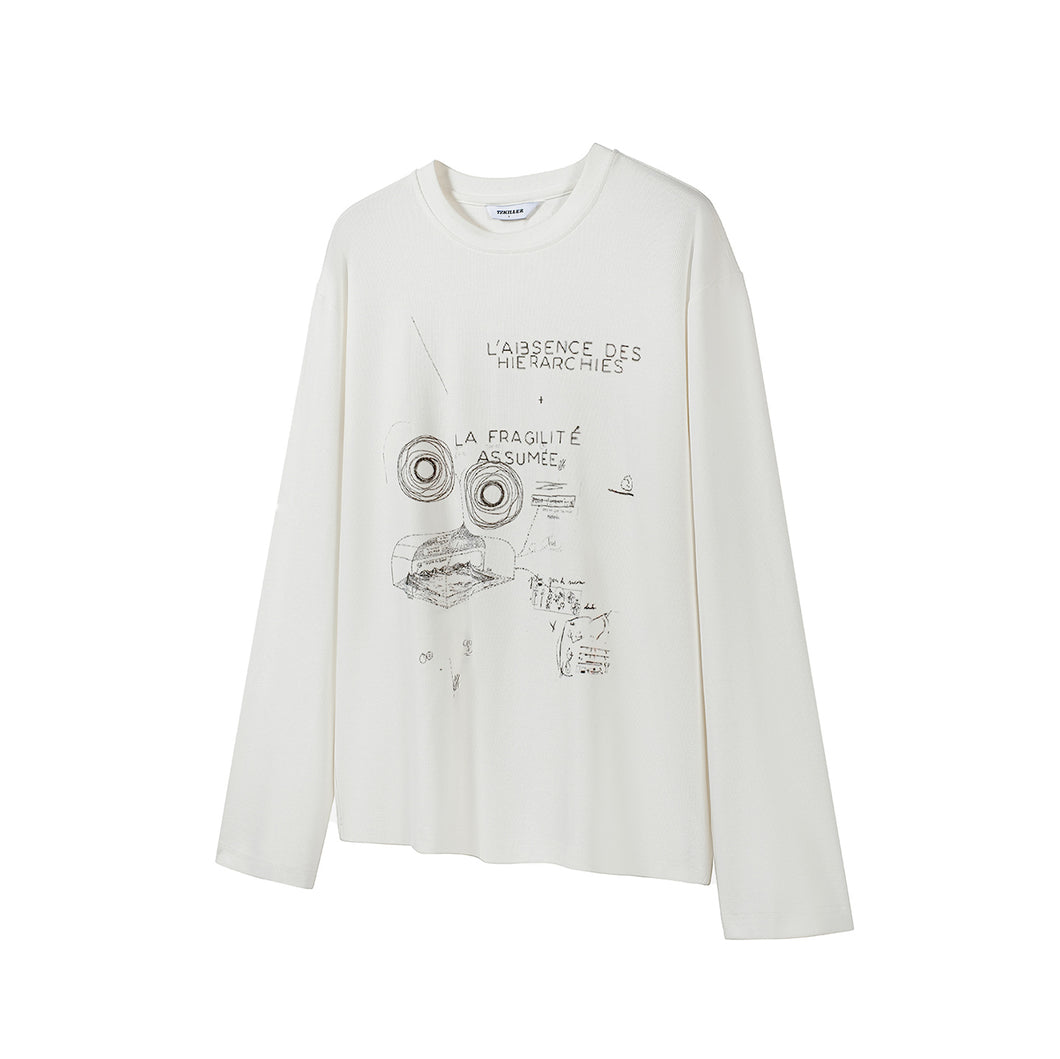 Perception Star Track Print Long Sleeve Grid Pattern Loose and Versatile White Top