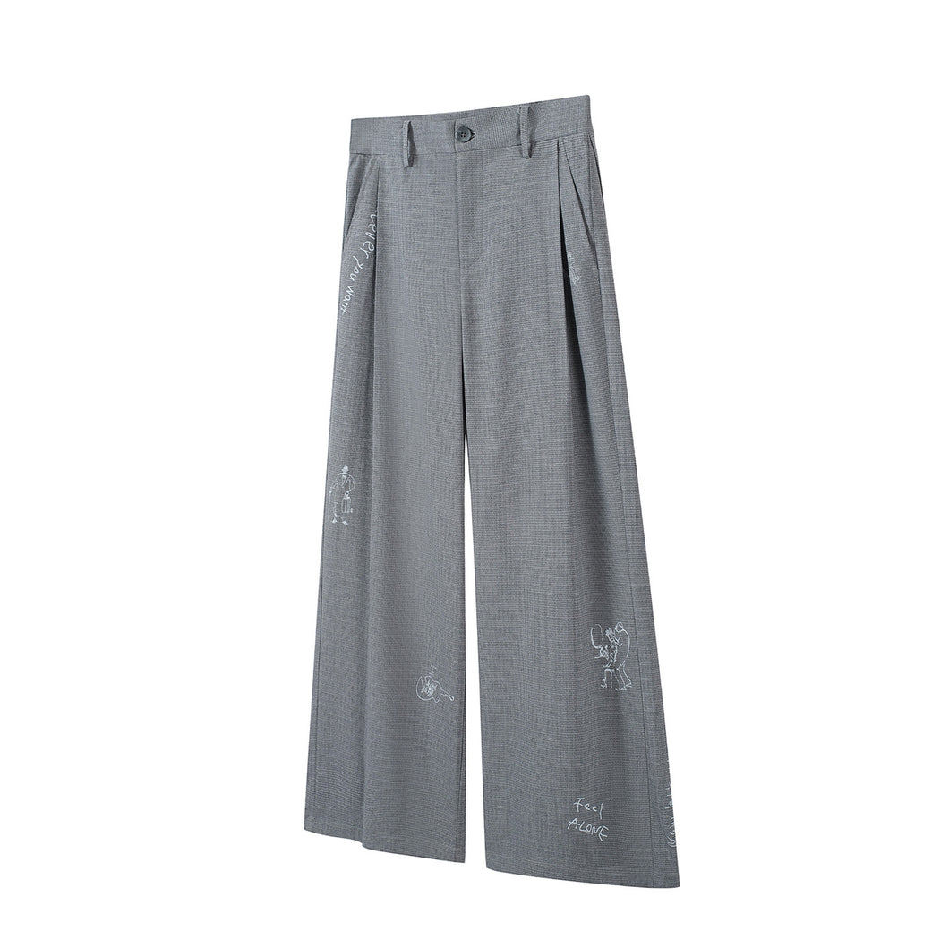 Houndstooth Grey Pleated Trousers Printed Drape TR Wide-Leg Trousers