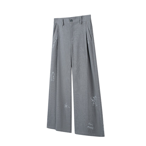 Houndstooth Grey Pleated Trousers Printed Drape TR Wide-Leg Trousers
