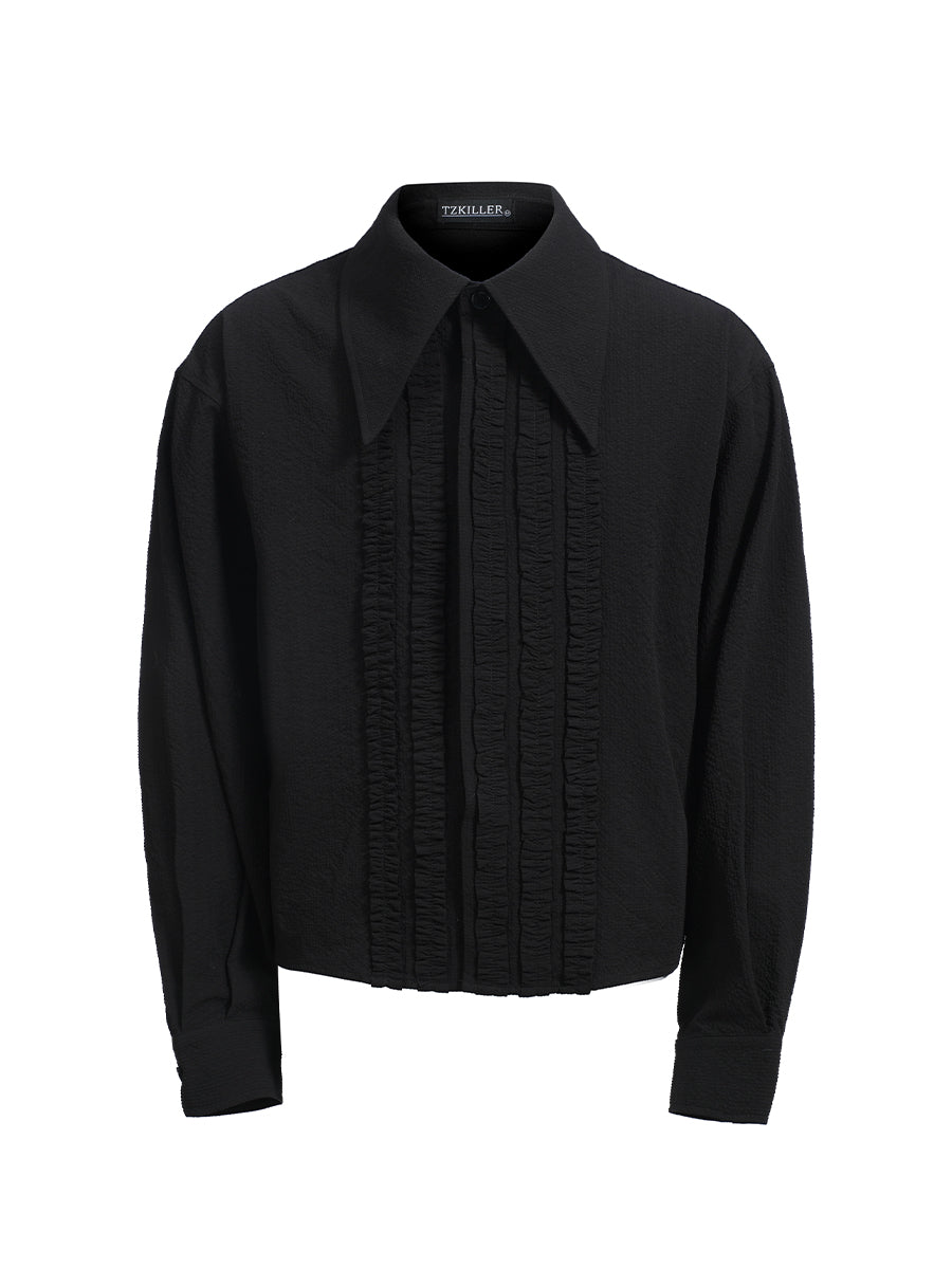 Long-sleeved textured fabric shirt with pleated peak collar