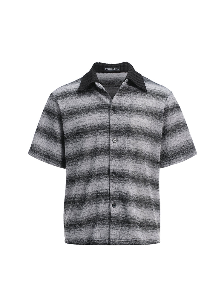 Striped patchwork contrast collar short sleeve shirt