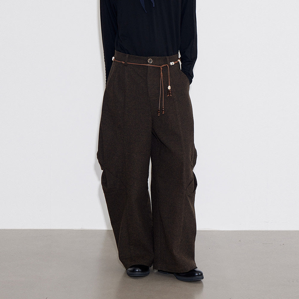 Spiral pleated wool trousers Wide-leg loose-fitting Cropped maroon trousers