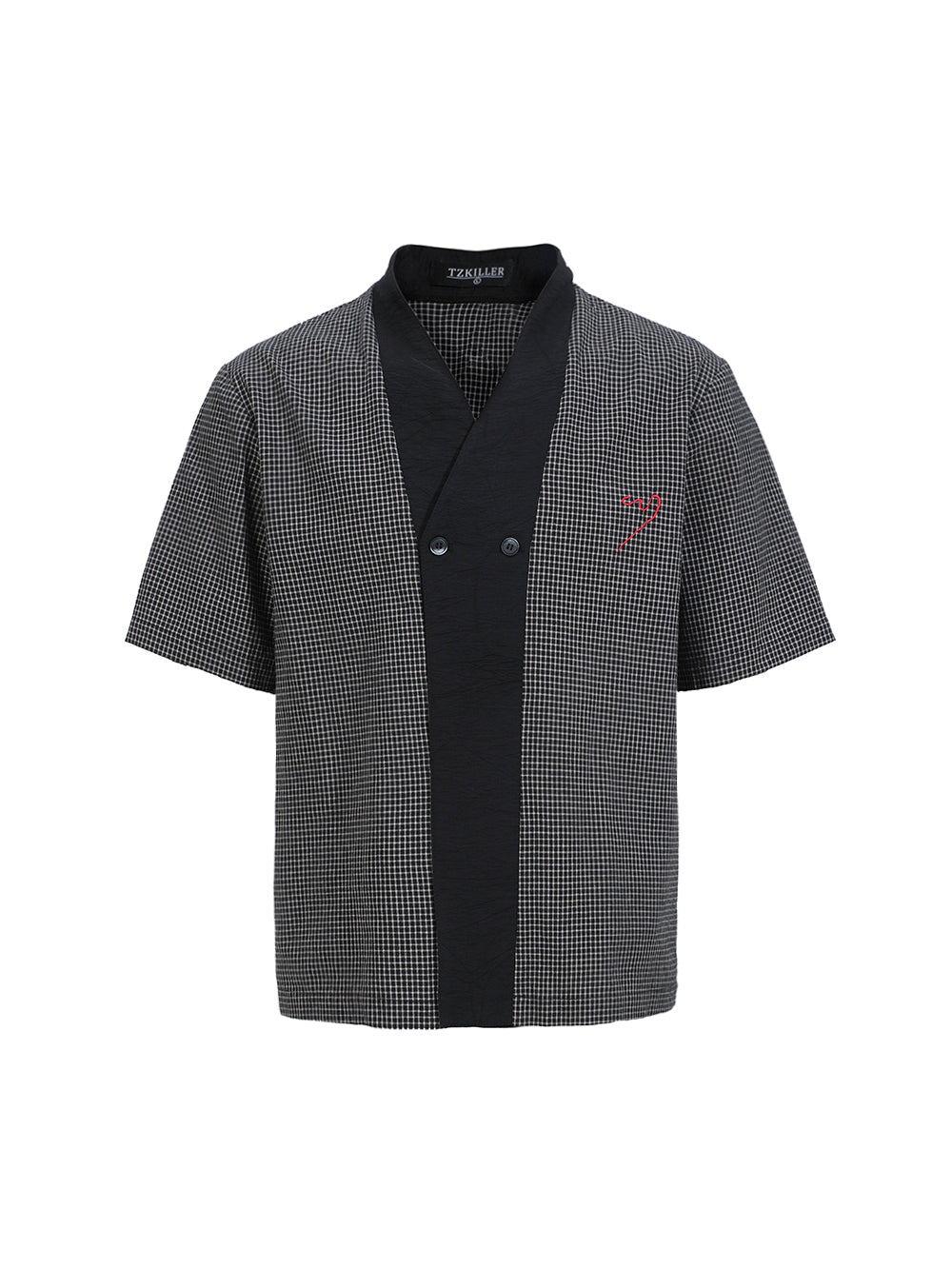 Plaid patchwork embroidered short-sleeved shirt Houndstooth shirt