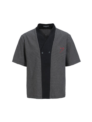 Plaid patchwork embroidered short-sleeved shirt Houndstooth shirt