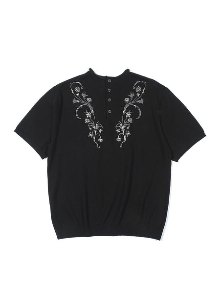 Floral embroidered knitted shirt Round neck versatile old style short sleeve T-shirt