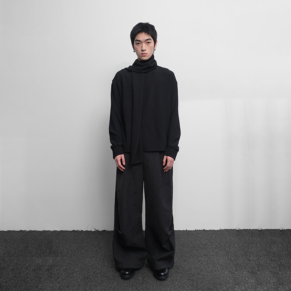 Sweatshirt with detachable scarf, textured fabric, versatile black, long-sleeved top