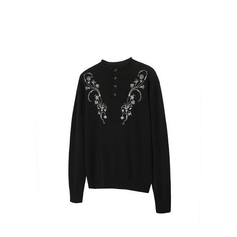 White flower embroidery knitted round neck versatile old money Tencel long sleeves