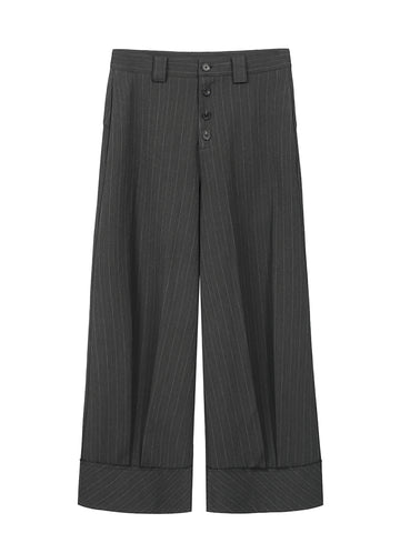 Striped button pleated trousers, blended draped fabric, wide-leg loose