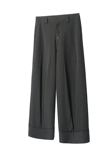 Striped button pleated trousers, blended draped fabric, wide-leg loose