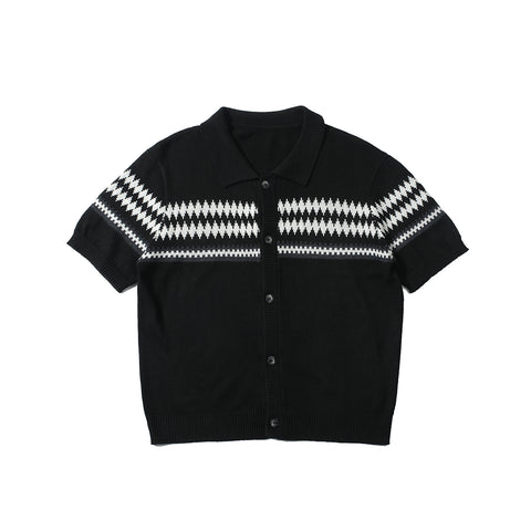 Jacquard striped lapel loose wool cardigan button short sleeve unisex T-shirt