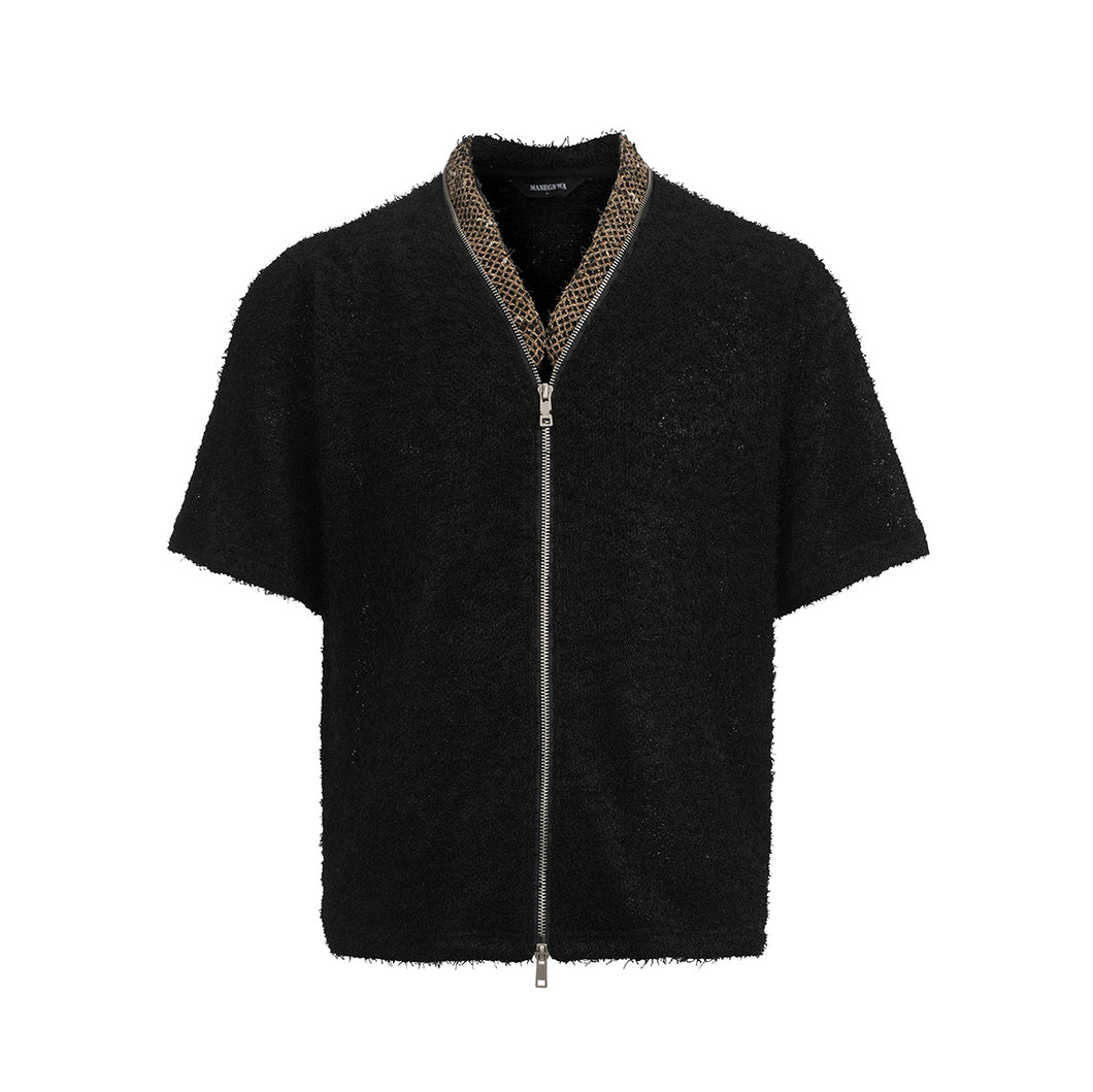 Maosu textured shirt Zipper cardigan V-neck short-sleeved loose T-shirt