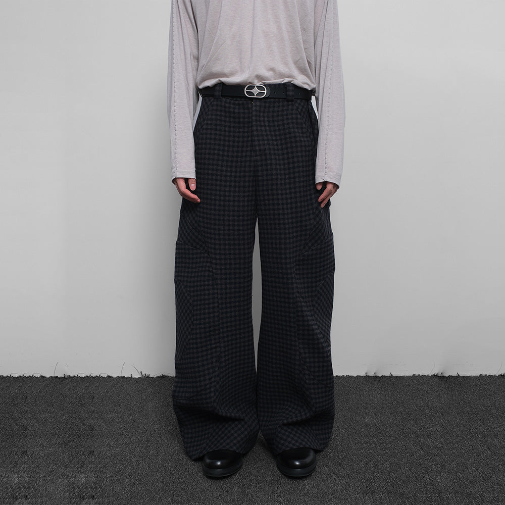 Wool plaid wide-leg pants Deconstructed split tailoring Straight-leg versatile trousers